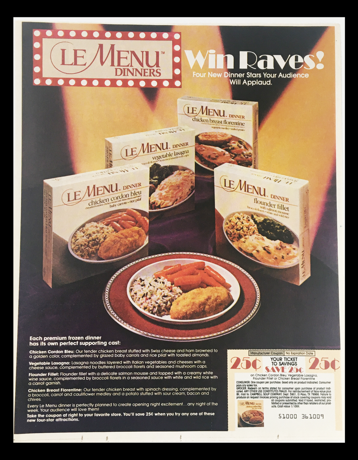 1985 Le Menu Dinners Circular Coupon Advertisement featuring frozen dinner products including chicken cordon bleu and fragrant pasta, promoting the brand Le Menu. Good condition, original advertisement.
