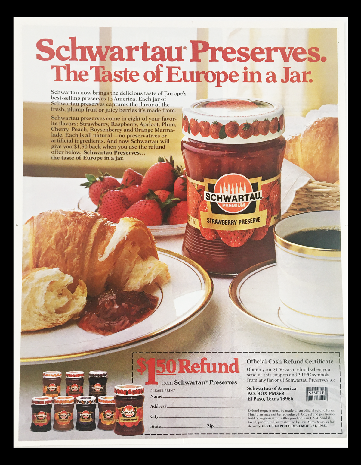 1985 Schwartau Strawberry Preserve Circular Coupon Advertisement featuring a jar of strawberry preserve alongside breakfast items like croissants, emphasizing the slogan 'The Taste of Europe in a Jar'.