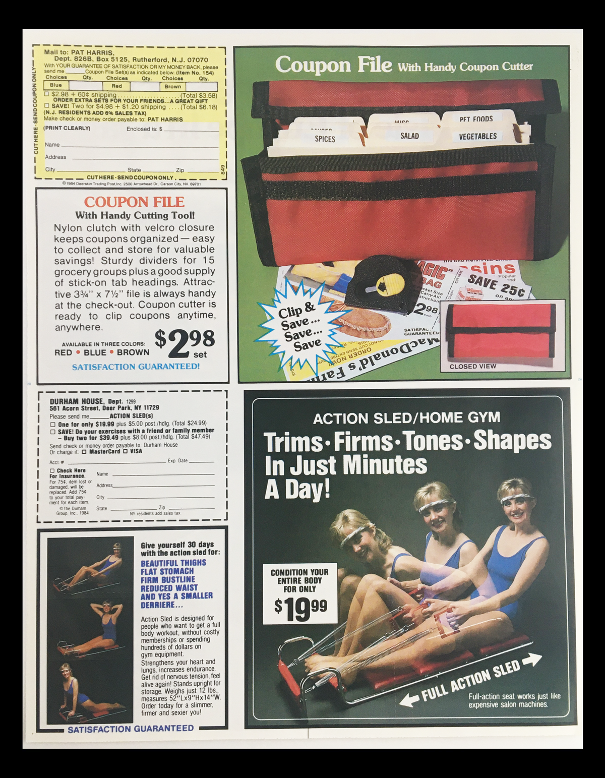 1985 Coupon File advertisement showcasing a handy coupon cutter, highlighting ease of use for organizing savings, including a reference to the $2.98 price.