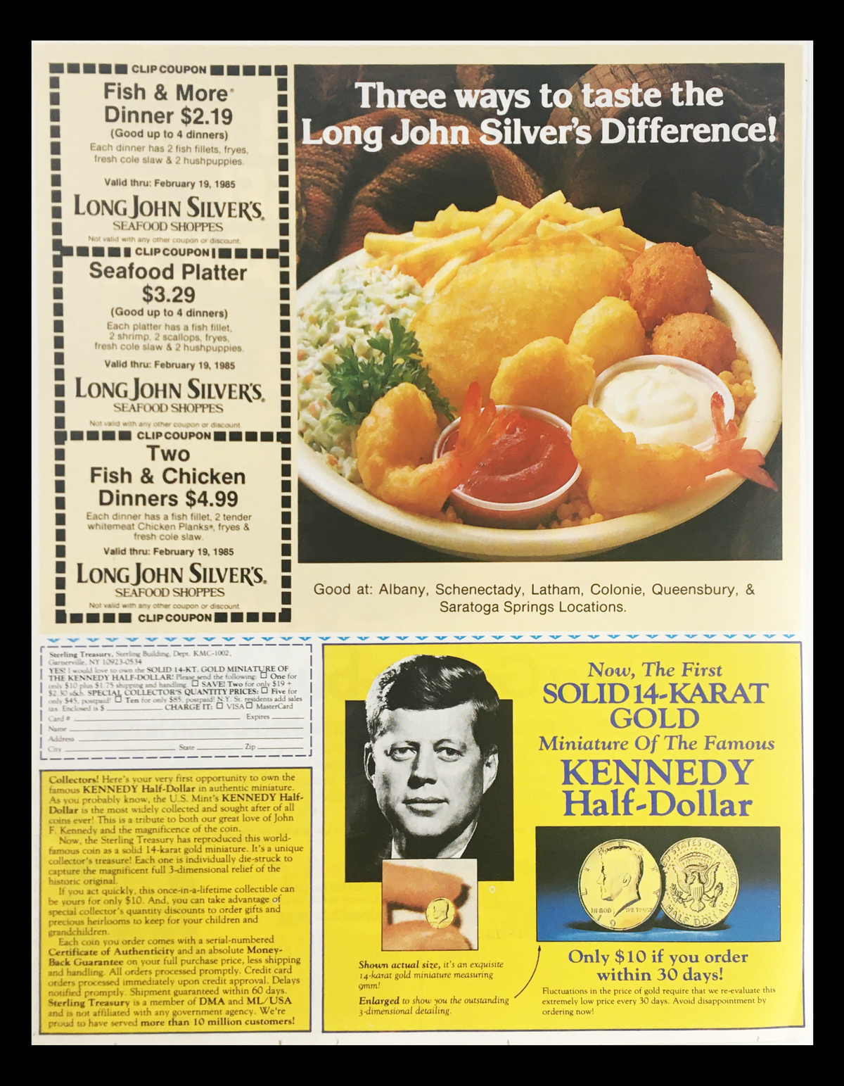 1984 advertisement featuring Long John Silver's seafood platter and promotional coupons alongside a product display for a solid gold miniature of the Kennedy Half-Dollar.