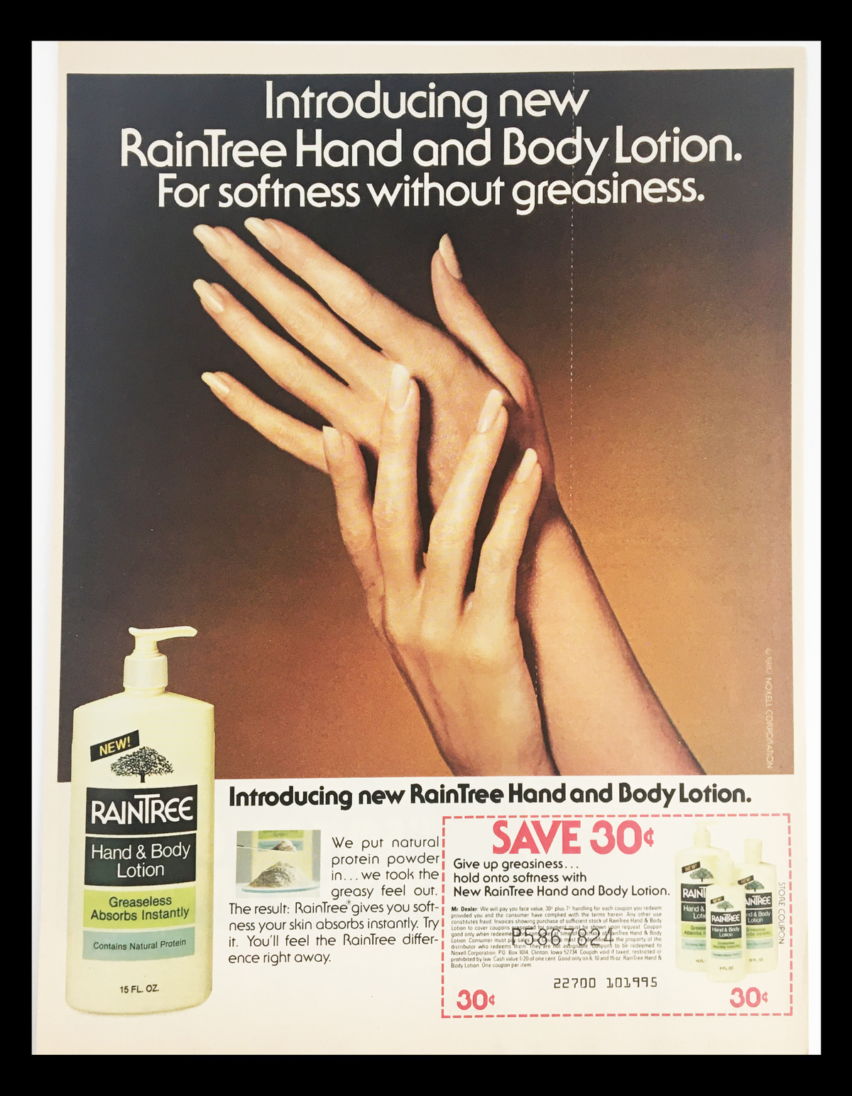 Introducing new RainTree Hand and Body Lotion for softness without greasiness. 1982 Raintree Hand & Body Lotion Circular Coupon Advertisement showcasing product features and promotion.
