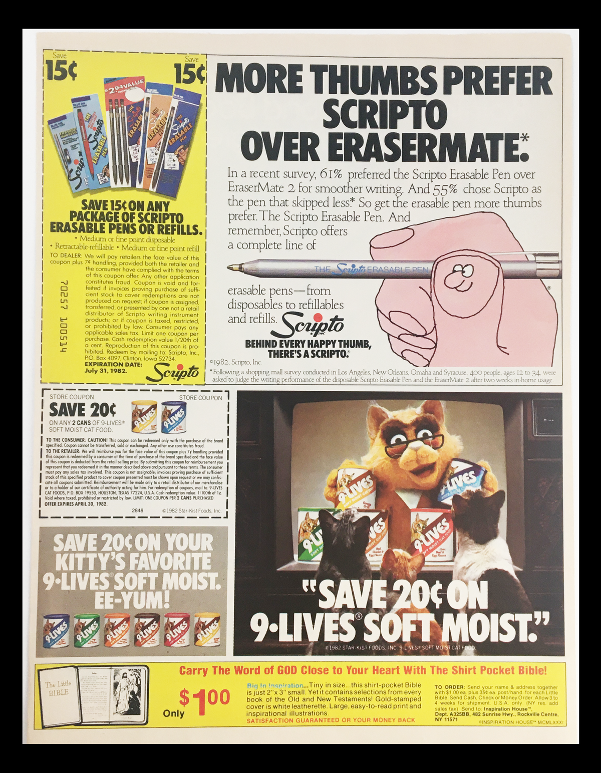 1982 advertisement comparing Scripto Erasable Pen to Erasermate Pen, featuring a playful cat and promotional offers for 9-Lives Soft Moist cat food.