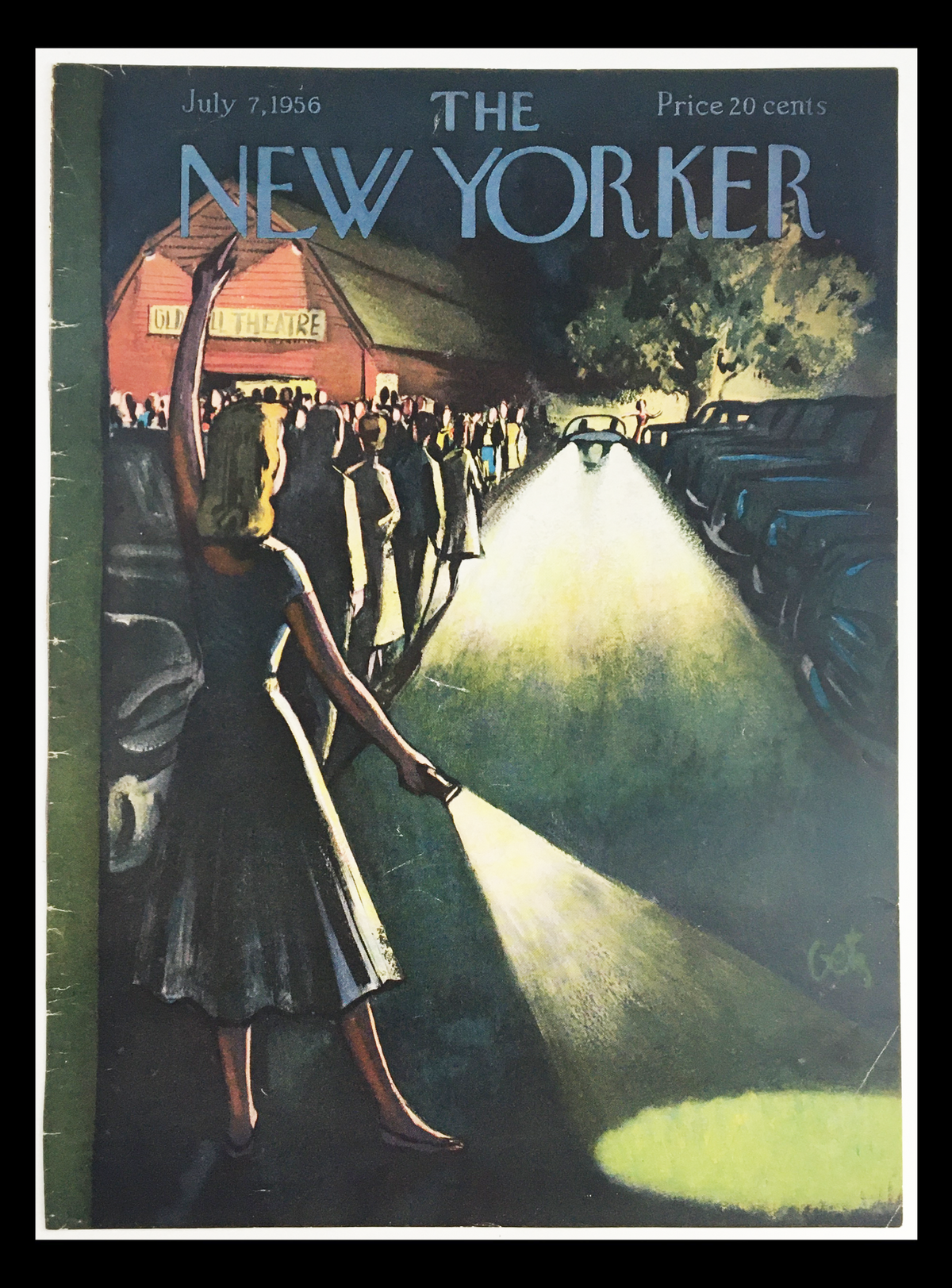 COVER ONLY The New Yorker July 7 1956 Full Cover Theme by Arthur Getz, showcasing a vintage illustration of a woman with a flashlight in front of an outdoor theater.