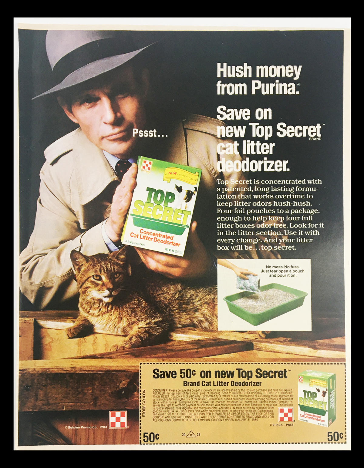 1984 Top Secret Concentrated Cat Litter Deodorizer Circular Coupon Advertisement featuring a detective-style man with a cat, showcasing a litter deodorizer product and a promotional coupon.