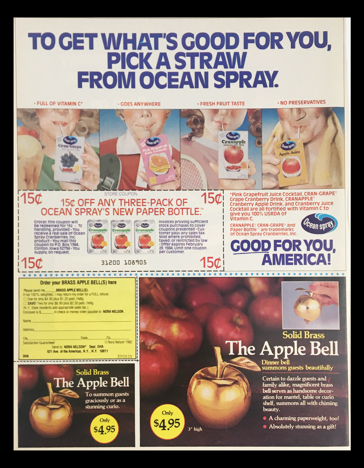 Advertisement for Ocean Spray juice showing various fruit options and promotional prices, featuring a colorful design with an apple theme, alongside the statement 'Good for you, America!'
