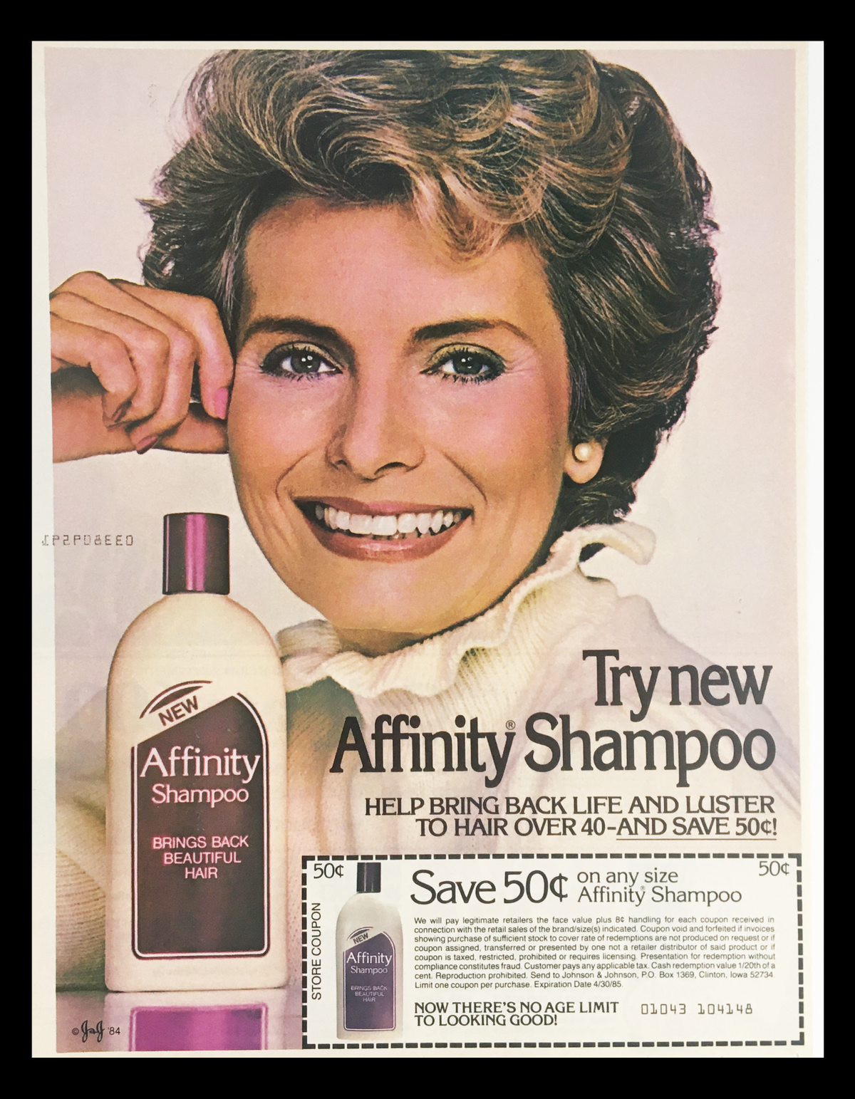 1985 Affinity Shampoo Circular Coupon Advertisement featuring a woman with beautiful hair showcasing the product and a coupon offering a discount.
