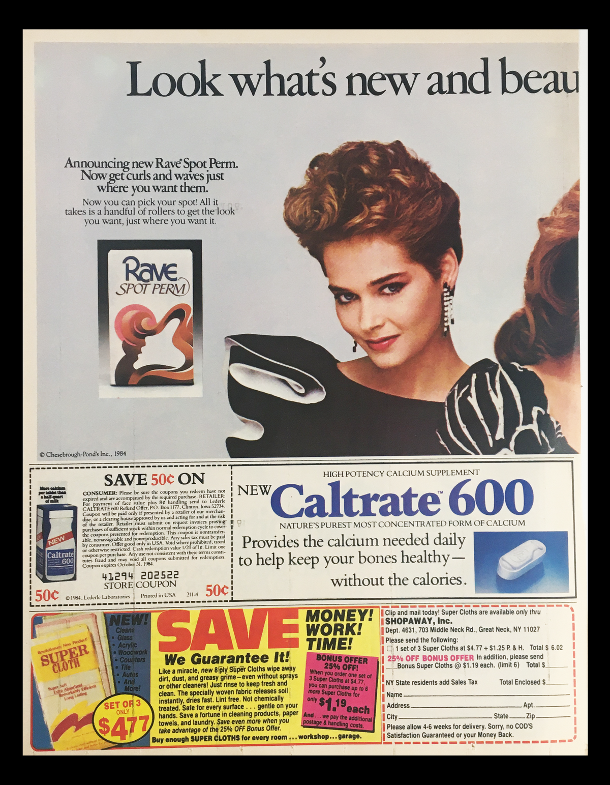 1985 Rave Spot Perm Circular Advertisement announcing new hair products and a Caltrate 600 calcium supplement, featuring a woman with a stylish hairdo.