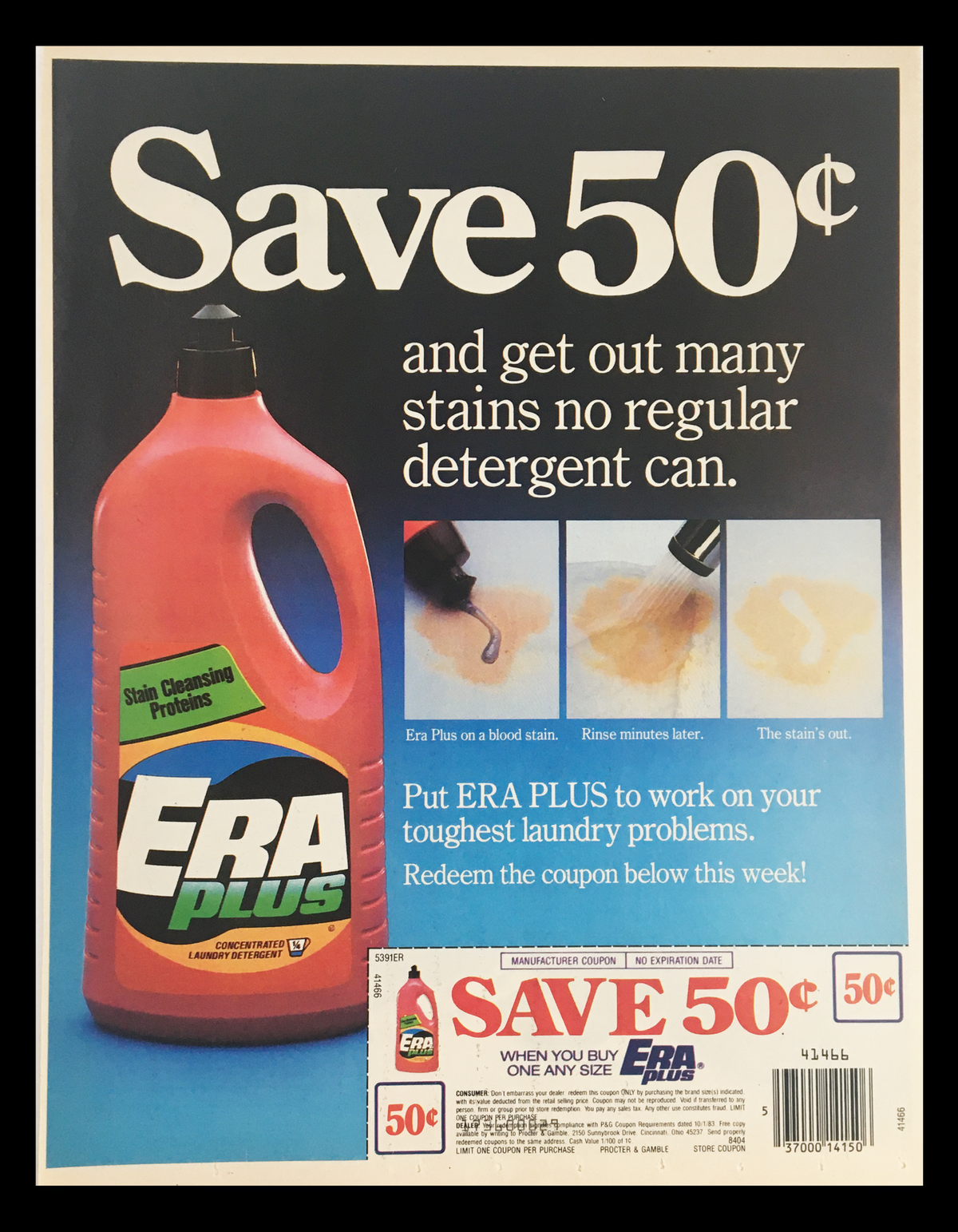 1984 Era Plus Concentrated Laundry Detergent Circular Coupon Advertisement showcasing a bottle of Era Plus detergent with a coupon to save 50 cents on laundry products.