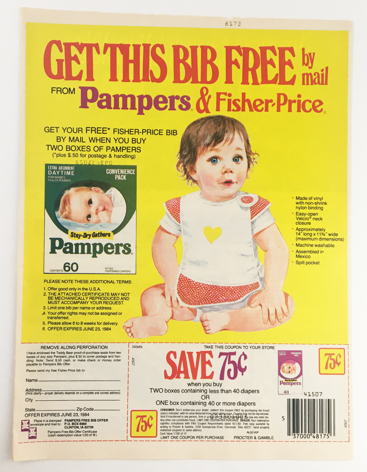 1983 Pampers & Fisher-Price Free Bib Circular Coupon Advertisement featuring a cute toddler with a bib, promoting Pampers diapers and offering a free Fisher-Price bib with a purchase. Vintage design highlights the charm of childhood products.