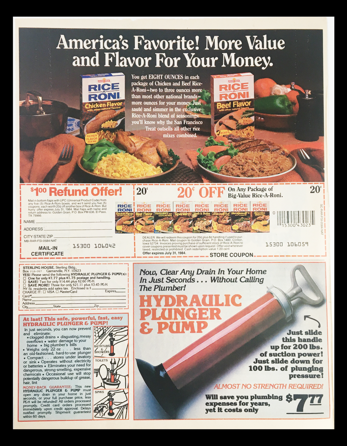 1983 advertisement showcasing Rice-A-Roni products with a promotional offer, highlighting cooking tips and product value alongside a coupon for a hydraulic plunger. Part of the nostalgic collection from 1983.