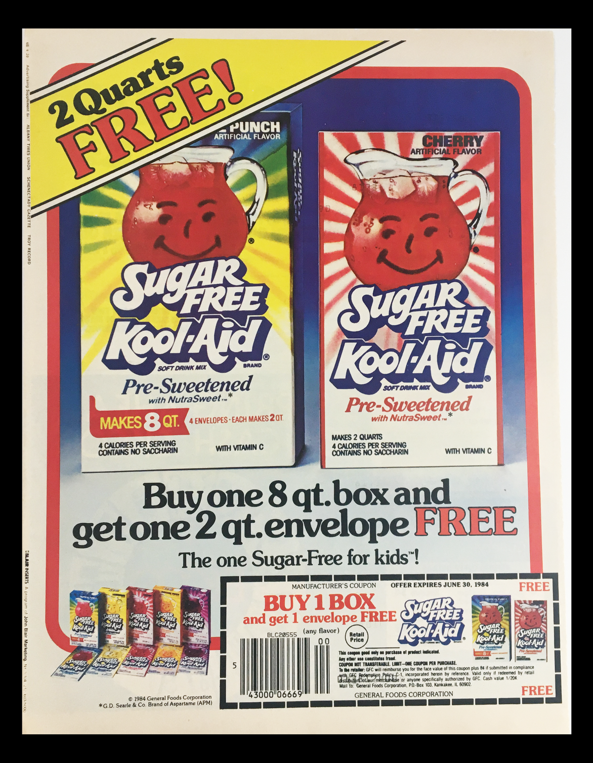 1984 Sugar Free Kool-Aid Soft Drink Mix Circular Coupon Advertisement featuring Cherry and Punch flavors, promotional offer for 2 quarts free with purchase, coupon details, and promotional graphics.