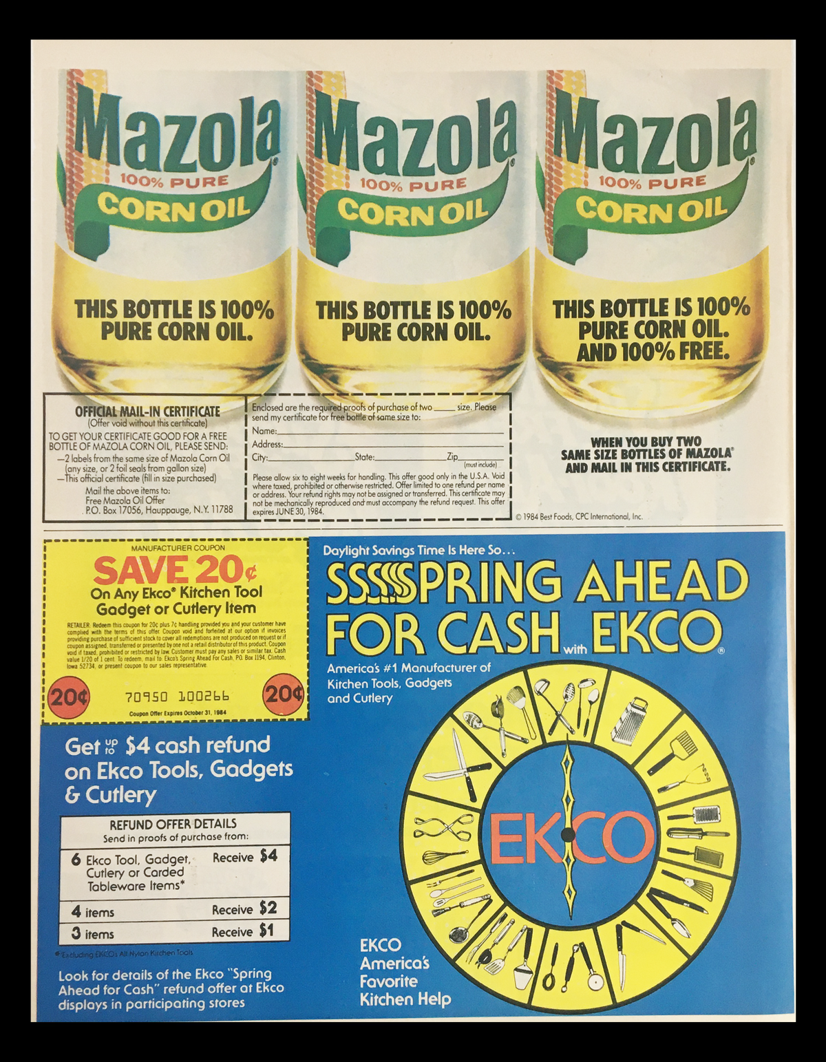 1984 Mazola 100% Pure Corn Oil advertisement, showcasing promotional offer details for savings on kitchen tools and gadgets, with informative text about the product's purity and quality.