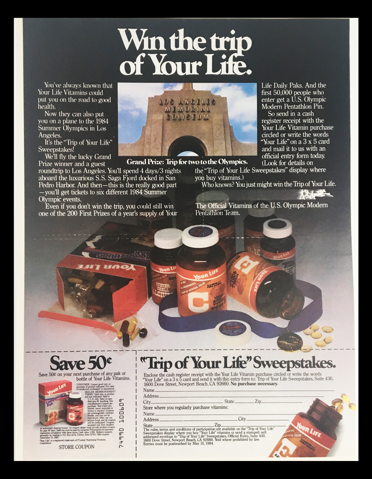 1984 Your Life Vitamins Sweepstakes Circular Coupon Advertisement showcasing the chance to win a trip to the Olympics with images of vitamin bottles and promotional details, featuring 'Save 50¢' offer.