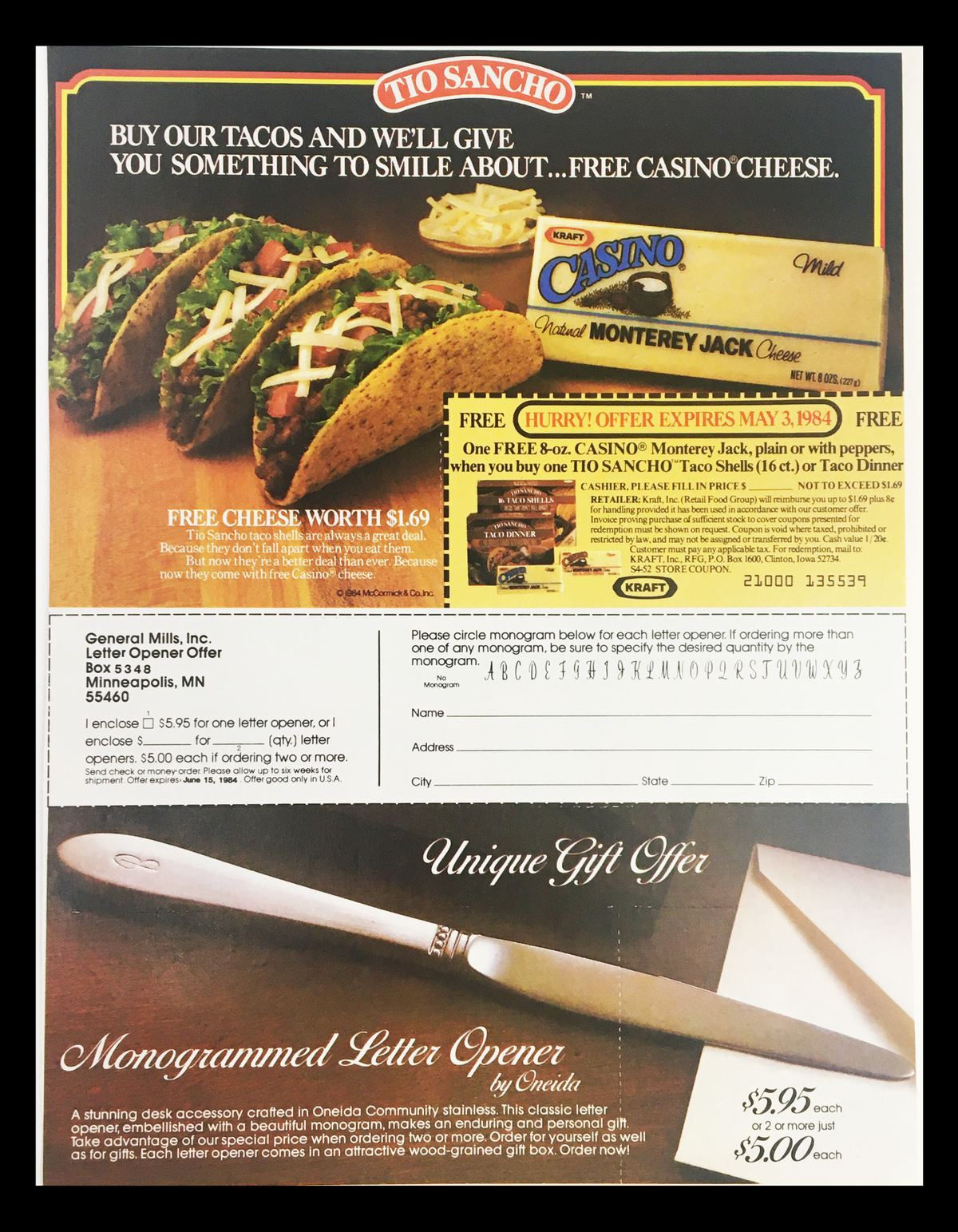 1984 Your Life Vitamins Sweepstakes Circular Coupon Advertisement presenting a related advertisement for Tio Sancho tacos with a unique gift offer, including a letter opener, and coupon details.