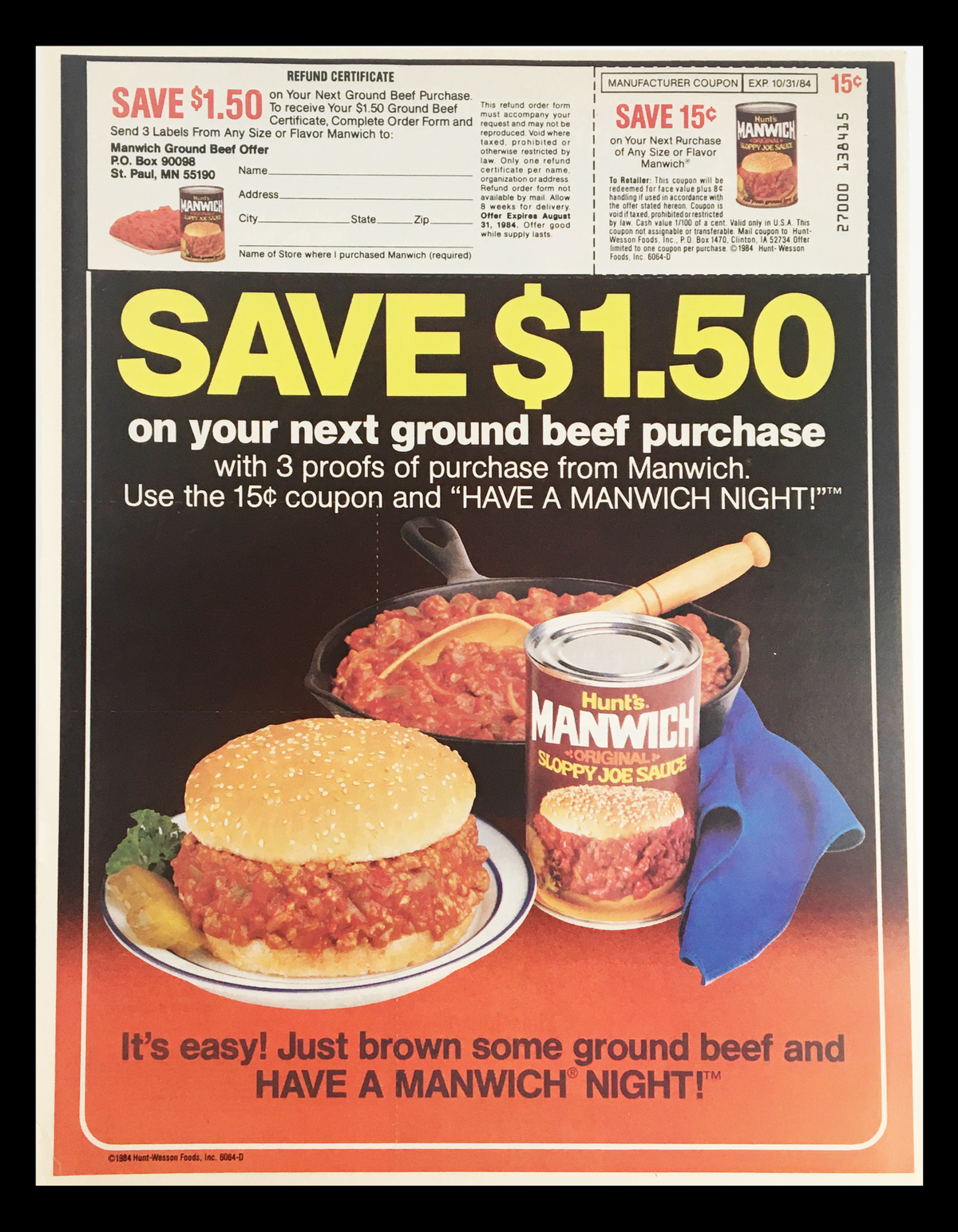 1984 Hunt's Manwich Original Sloppy Joe Sauce Circular Coupon Advertisement featuring a savings offer of $1.50 on ground beef purchases alongside a delicious sloppy joe sandwich and a can of Hunt's Manwich sauce.