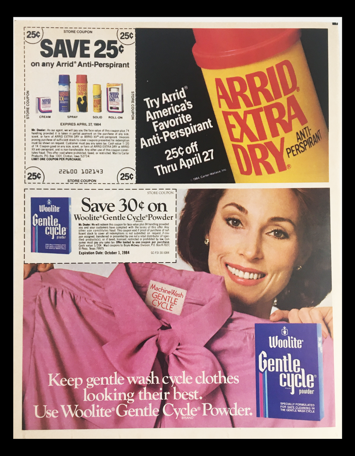 1985 Ragu Chunky Gardenstyle Circular Coupon Advertisement featuring various coupons including Arrid Extra Dry Anti-Perspirant and Woolite Gentle Cycle Powder, highlighting savings and product features.