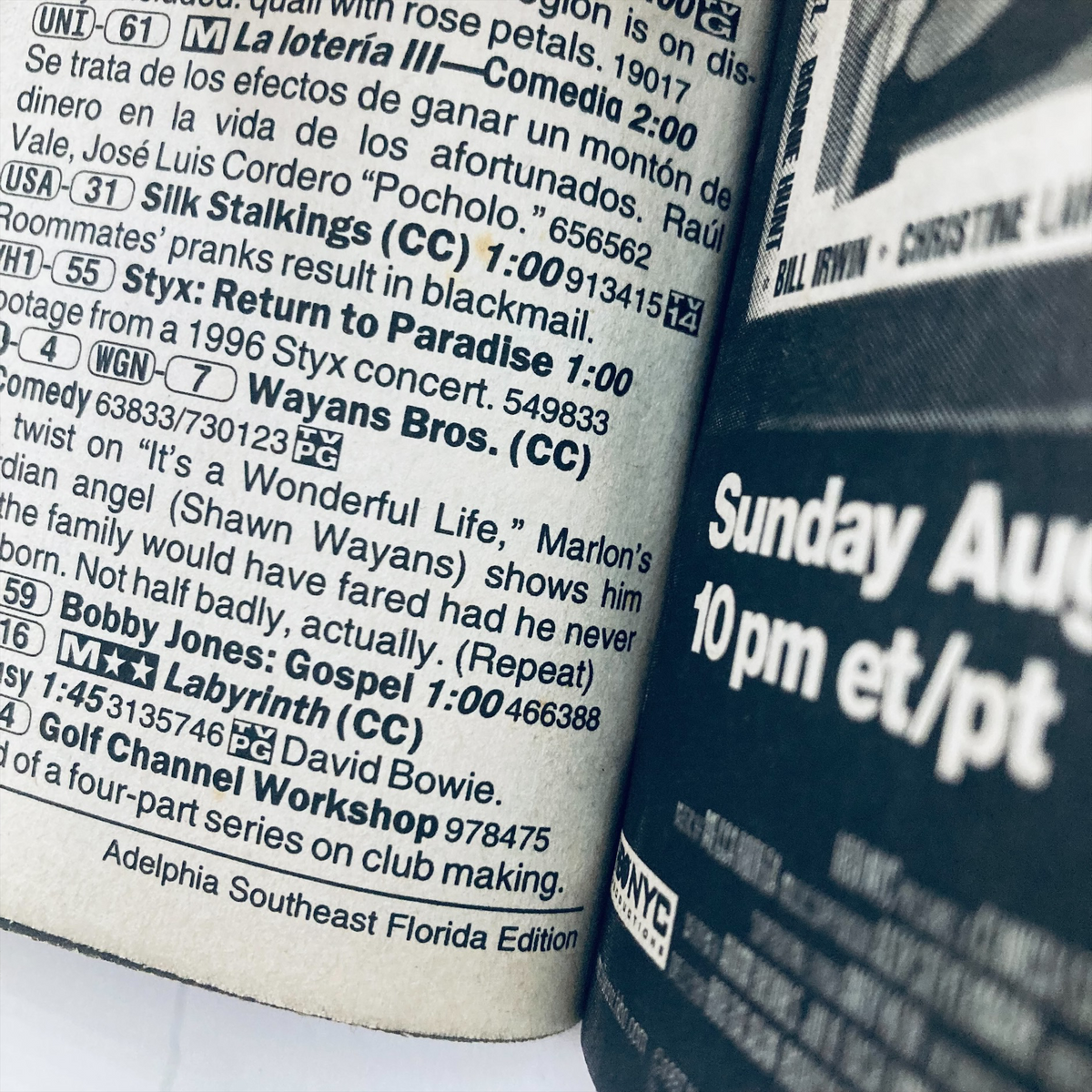 Inside page of TV Guide Magazine August 16, 1997 showing program listings including 'Silk Stalkings' and 'Wayans Bros.', with details under the Adelphia Southeast Florida Edition.