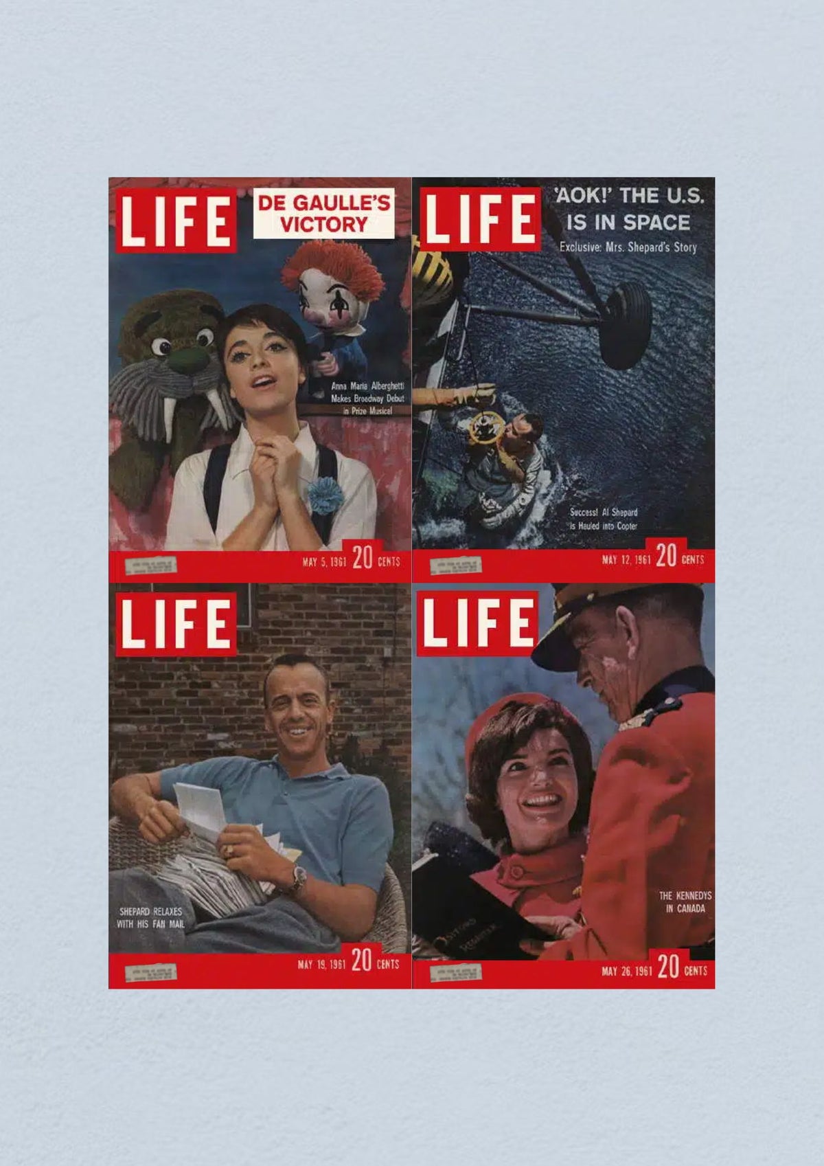 Life Magazine Lot of 4 Full Month May 1961 covers featuring significant events in Civil Rights Era, including Anna Maria Alberghetti's Broadway debut and Alan Shepard's space journey. Issues dated May 5, 12, 19, 26.