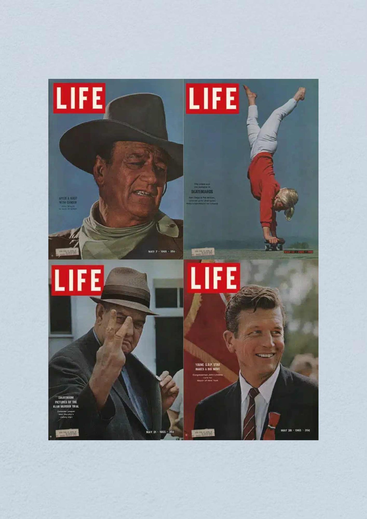 Life Magazine Lot of 4 Full Month May 1965 featuring covers from May 7, 14, 21, and 28, showcasing key cultural moments from the Civil Rights Era, including John Wayne on the cover and articles on skateboarding and the Ku Klux Klan murder trial.
