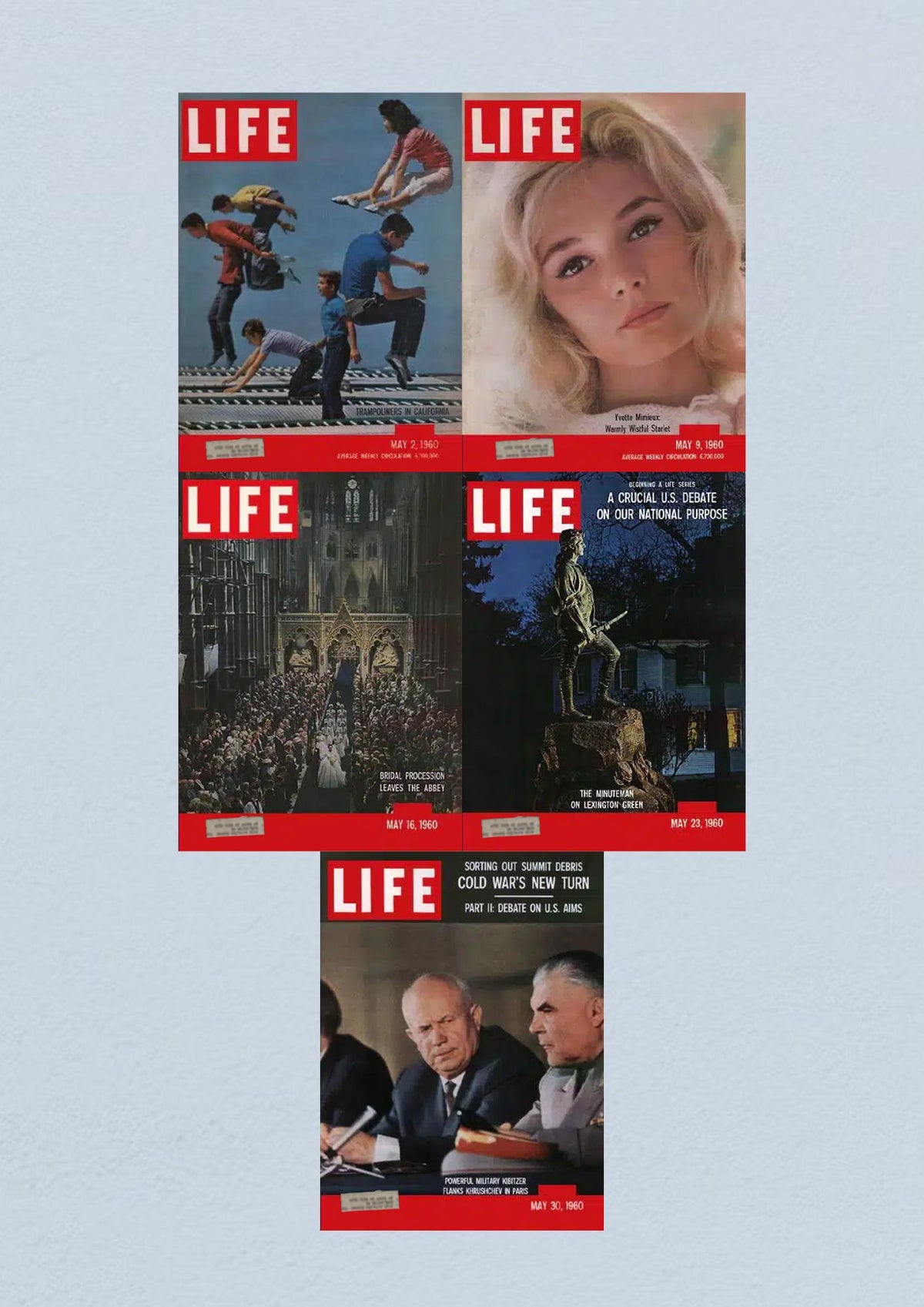 Life Magazine lot of 5 from May 1960, featuring covers dated May 2, 9, 16, 23, and 30, capturing essential moments from the Civil Rights Era.