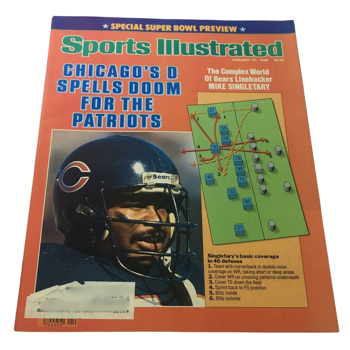 Lot of 5 1980s Sports Illustrated Magazine featuring Mike Singletary and the Chicago Bears' defense preparing for the Super Bowl against the New England Patriots.