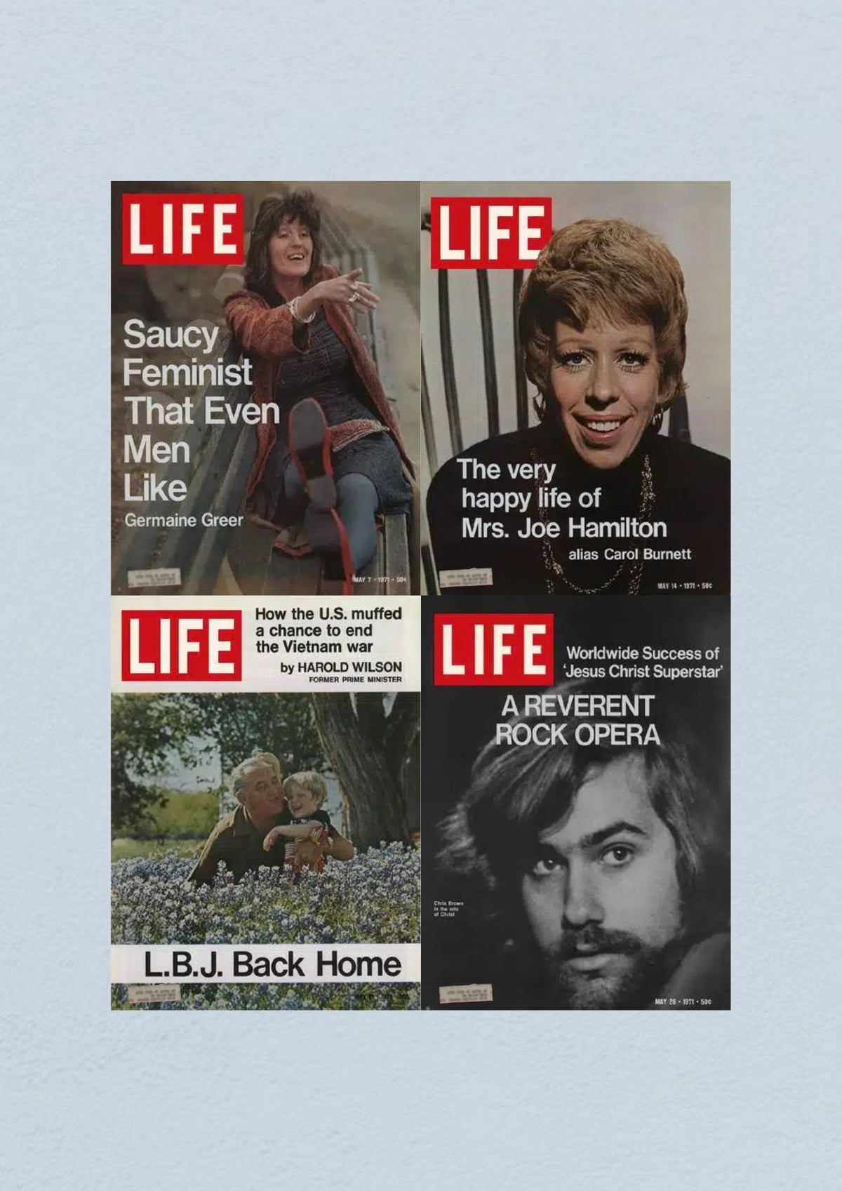 Life Magazine Lot of 4 Full Month May 1971 featuring covers from issues dated May 7, 14, 21, and 28, showcasing significant cultural moments, including feminist Germaine Greer and comedian Carol Burnett.