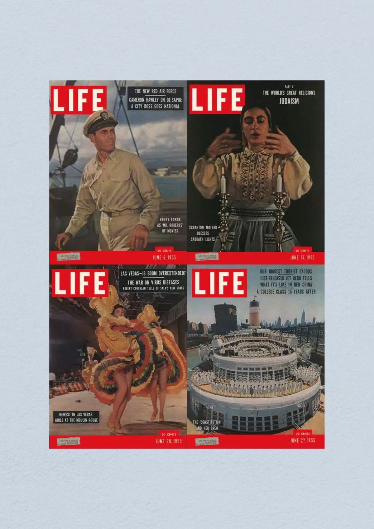 Life Magazine Lot of 4 Full Month of June 1955 featuring Henry Fonda as Mister Roberts on the cover of June 6, 1955, alongside a feature on Jewish culture with a Scranton Mother blessing Sabbath lights on the June 13, 1955 issue, also showcasing the Las Vegas girls at the Moulin Rouge on June 20, 1955, and an image of the USS Constitution crew on the June 27, 1955 cover.