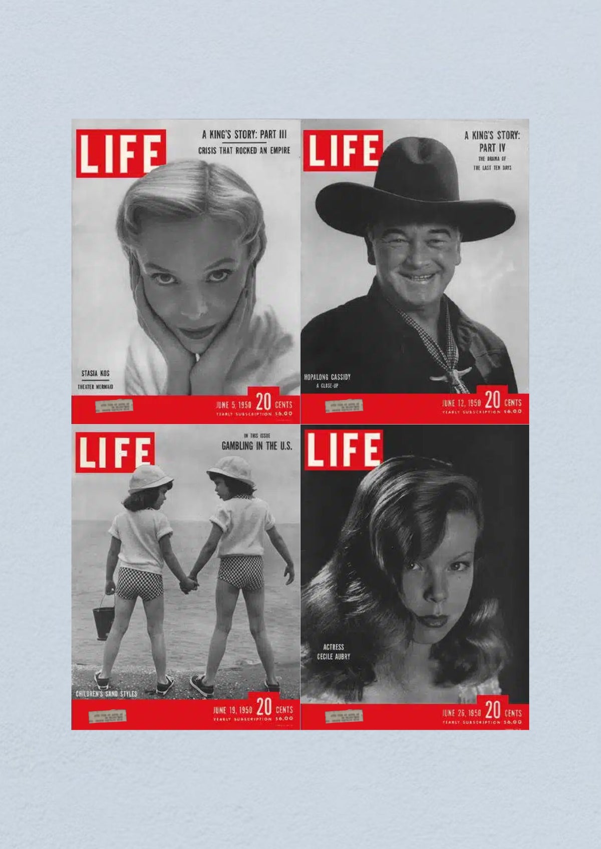 Life Magazine Lot of 4 Full Month June 1950 featuring covers from the 5th, 12th, 19th, and 26th showcasing notable articles and cultural highlights from the era.