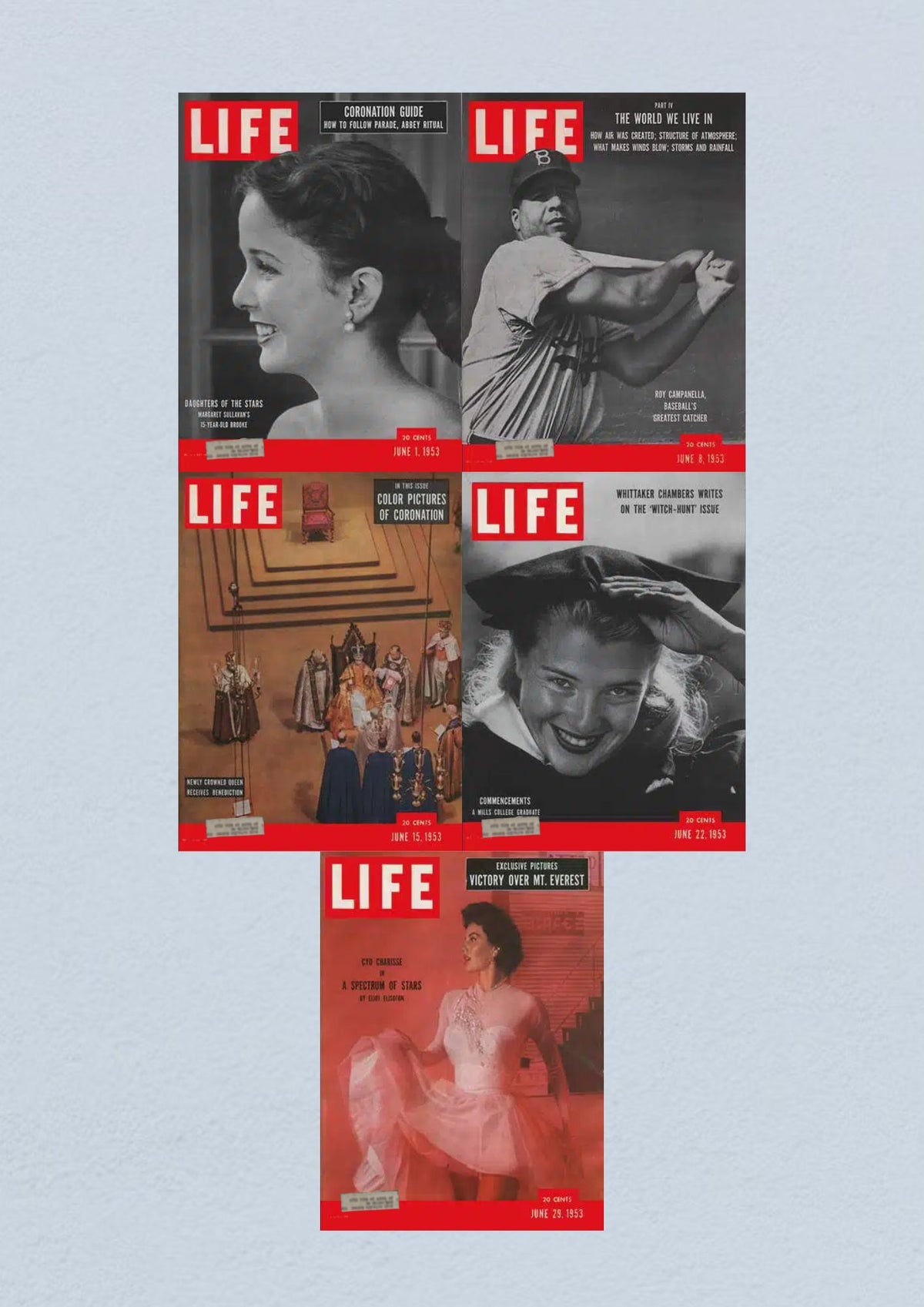 Life Magazine Lot of 5 Full Month of June 1953, featuring covers from June 1, 8, 15, 22, and 29 showcasing historic events and portraits.