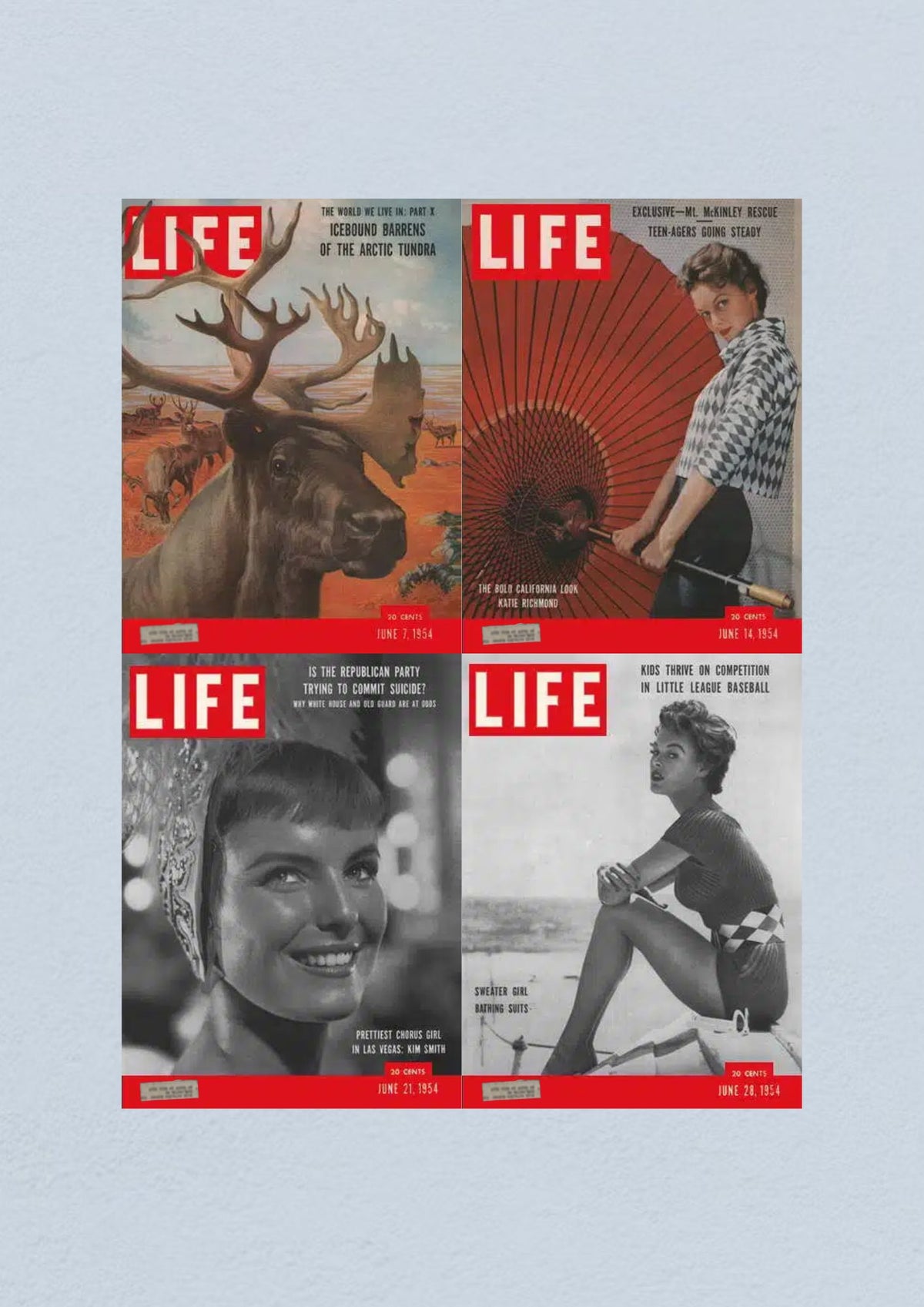 Life Magazine Lot of 4 Full Month of June 1954 - Cover of June 28 highlighting the Sweater Girl bathing suits and children's competition in Little League Baseball