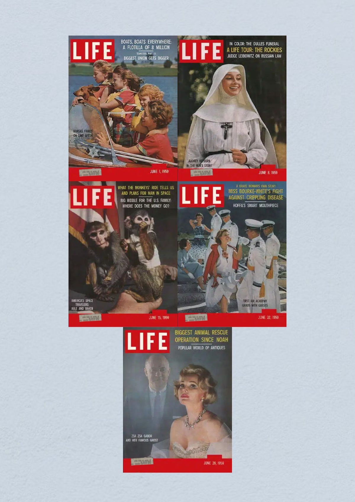 Life Magazine Lot of 5 Full Month June 1959 showcasing covers from June 1, 8, 15, 22, and 29, reflecting the Civil Rights Era with various historical features and cultural insights.