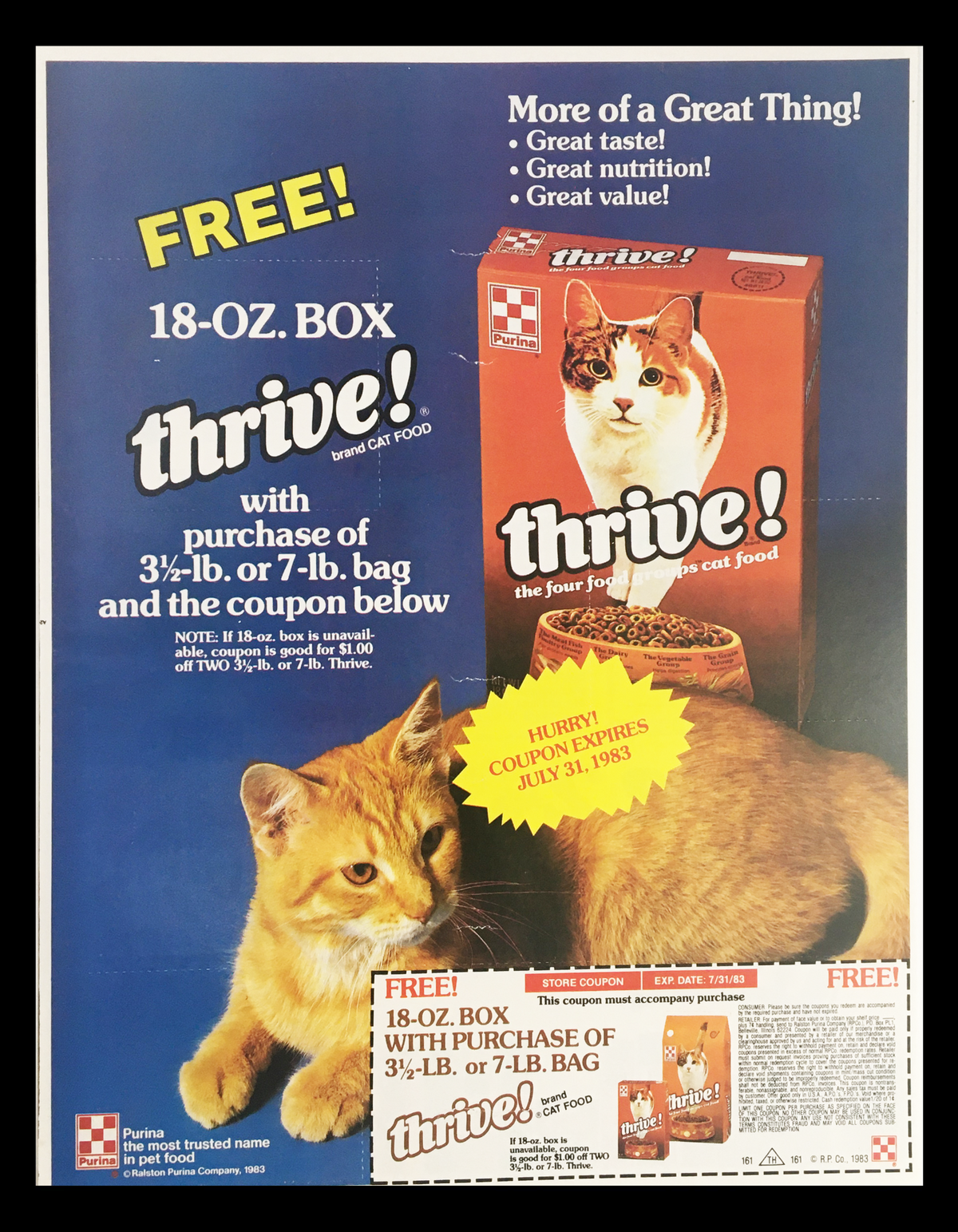 1983 Purina Thrive Cat Food Circular Coupon Advertisement featuring a cat and product box with promotional details including a coupon offer for free cat food.