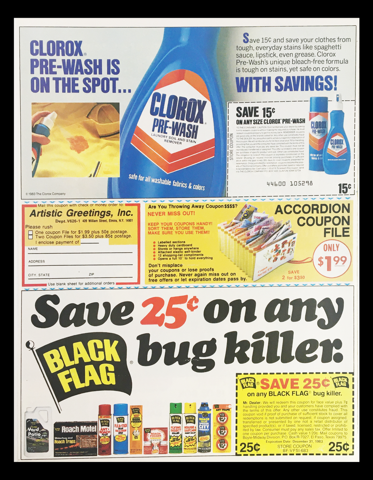 1983 Purina Thrive Cat Food Circular Coupon Advertisement showcasing Clorox pre-wash coupon and Bug Killer advertisement with highlighted savings and product images.