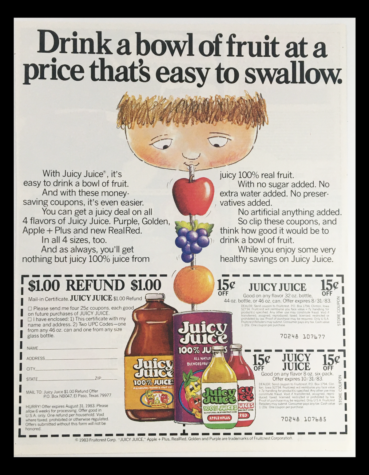 1983 Juicy Juice Blended Fruit Juices Circular Coupon Advertisement showcasing a boy with a bowl of fruit, various Juicy Juice flavors, and coupon details for savings.