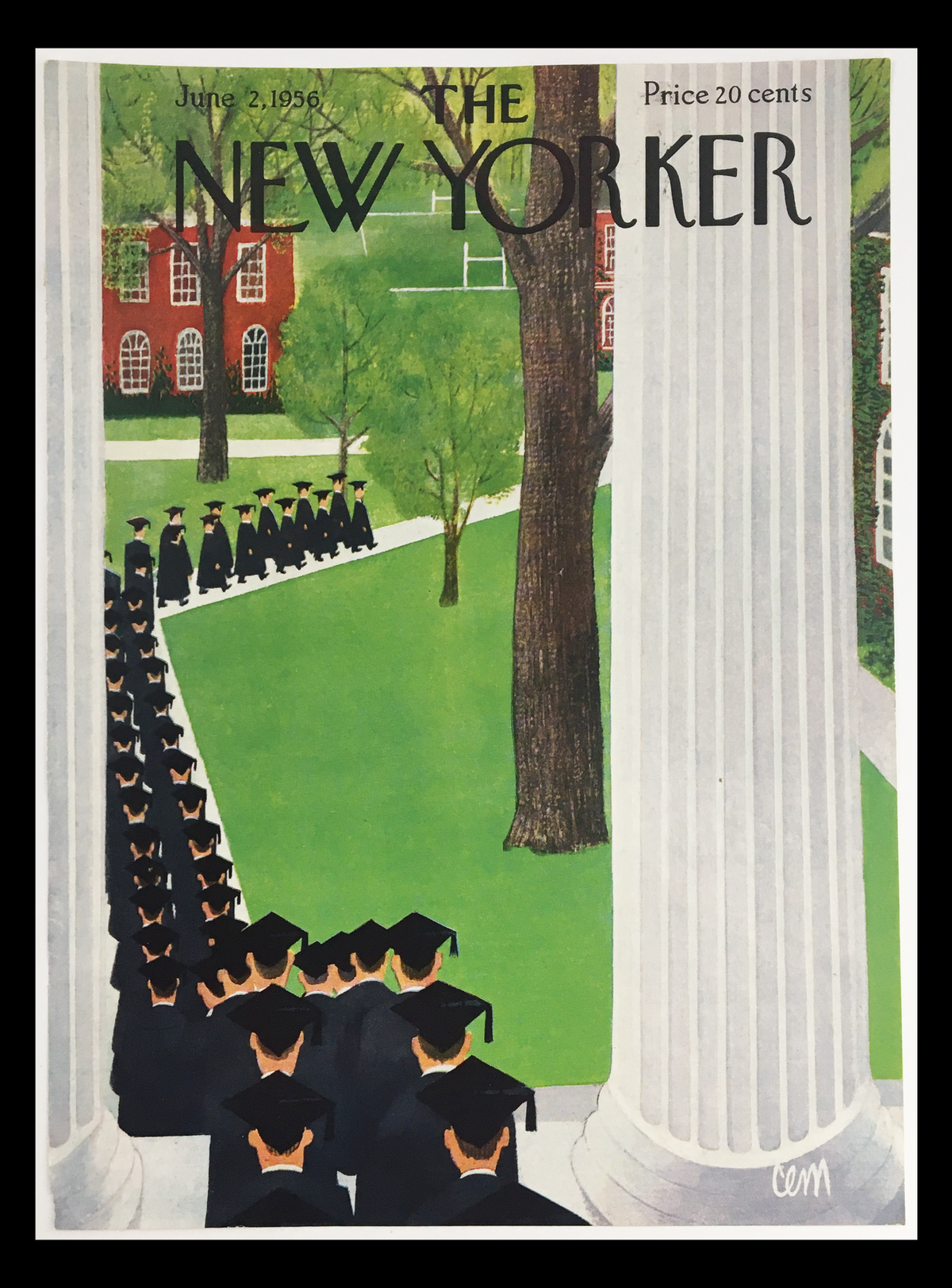 Cover of The New Yorker magazine from June 2, 1956, featuring a vibrant illustration by Charles E. Martin depicting a line of graduates in caps and gowns walking through a lush green campus with columns and trees in the background.