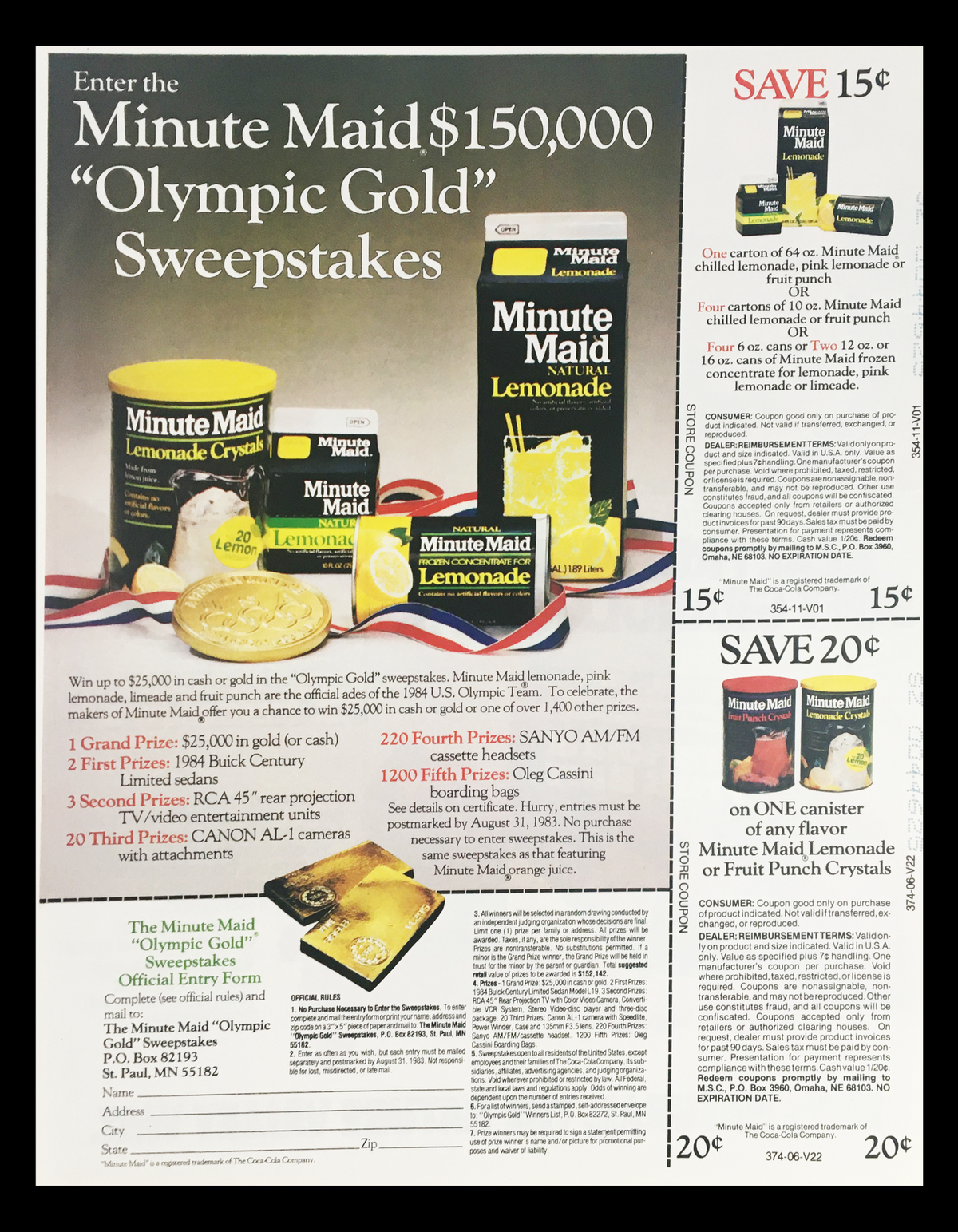 1983 Minute Maid Olympic Gold Sweepstakes Circular Coupon Advertisement featuring various Minute Maid products and details about the sweepstakes, including prizes and entry form.