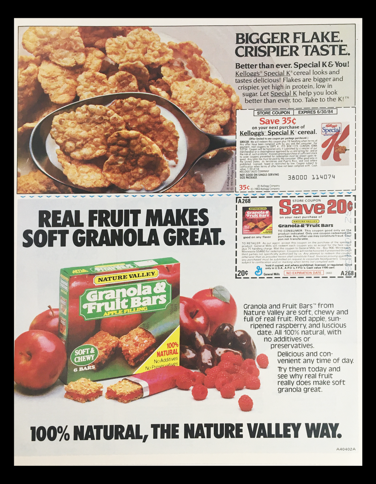 1983 Kellogg's Special K and Nature Valley Granola & Fruit Bars Circular Coupon Advertisement showcasing offers and products with promotional savings.