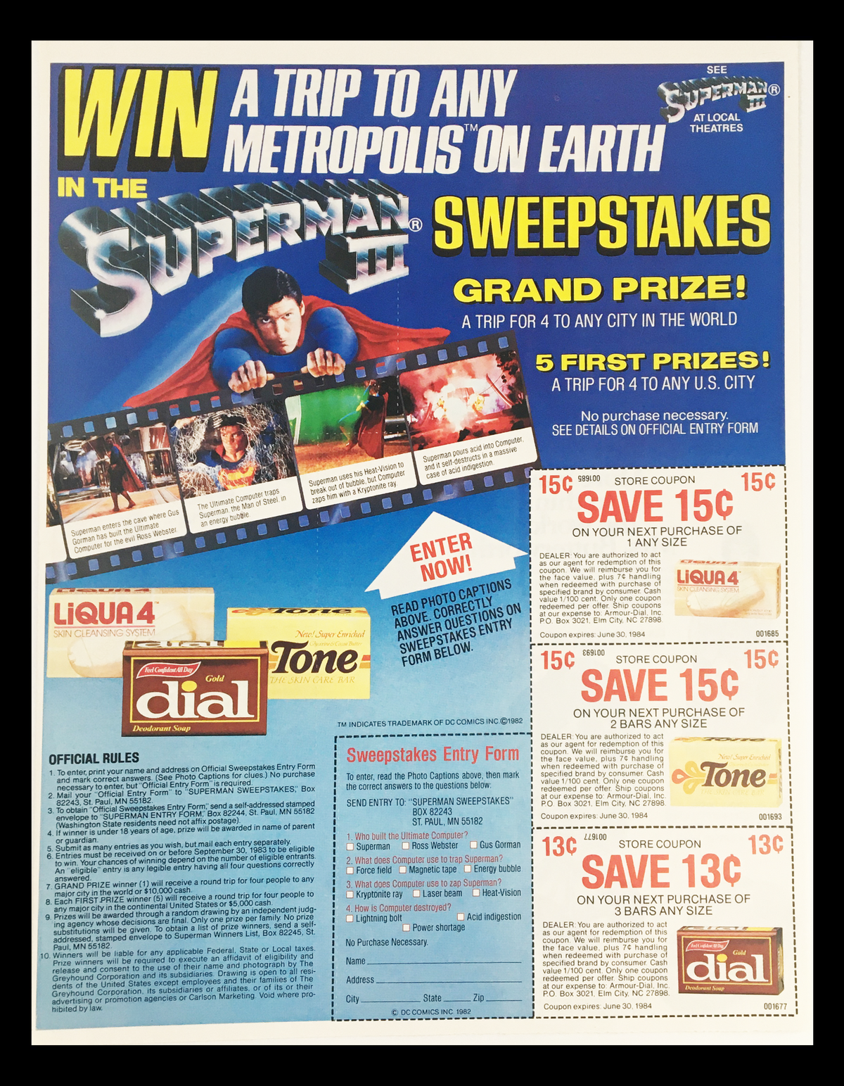 1982 Superman III Metropolis Sweepstakes Circular Coupon Advertisement featuring a grand prize trip to Metropolis with promotional images of Superman and details about sweepstakes entry. Good condition with measurements of 11 1/4 x 8 3/4.