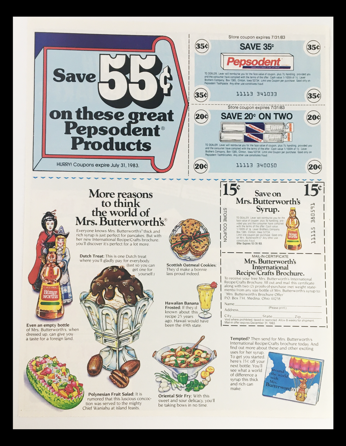 1982 Superman III Metropolis Sweepstakes Circular Coupon Advertisement back, showcasing promotional coupons for Pepsodent products and Mrs. Butterworth's syrup. Original advertisement with expired coupon details.