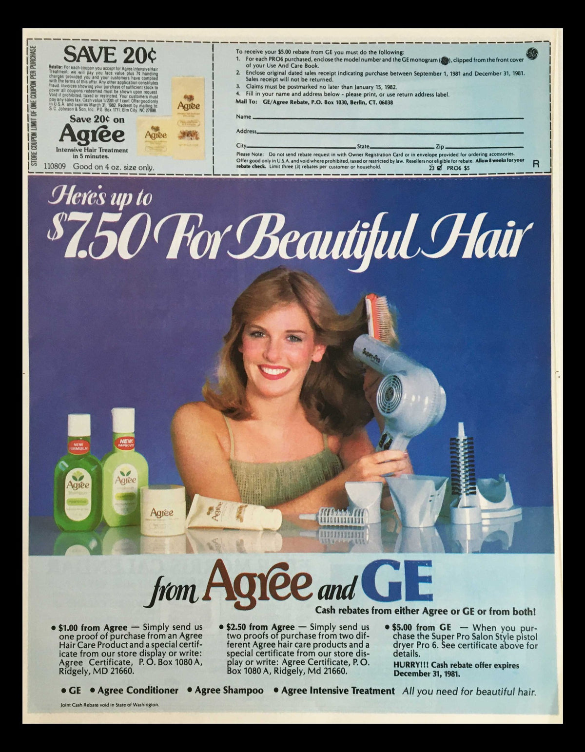 Advertisement for Agree hair products offering up to $1.50 cash rebates, featuring a woman using a hairdryer, with a promotional coupon visible.