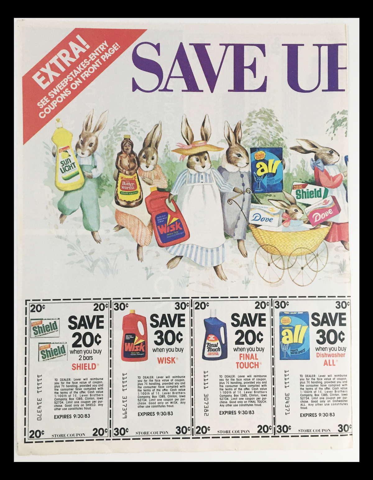 1983 Extra Save Up Sweepstakes-Entry Circular Coupon Advertisement featuring cartoon rabbits holding various household products, including detergent and cleaning supplies, promoting savings with coupons.