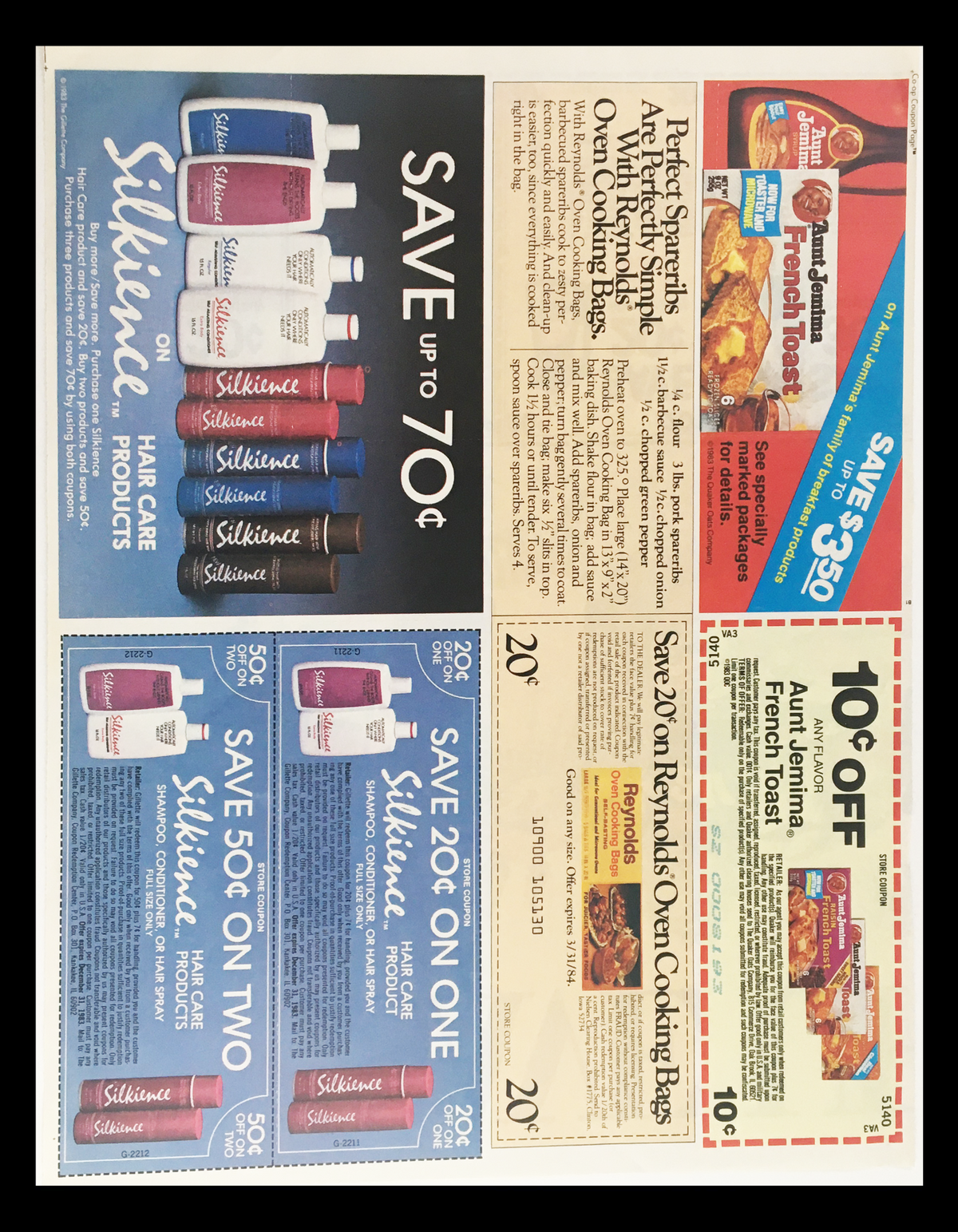 1983 Extra Save Up Sweepstakes-Entry Circular Coupon Advertisement featuring advertisements for Silikonce hair care products and cooking items, showcasing discounts and promotional offers.