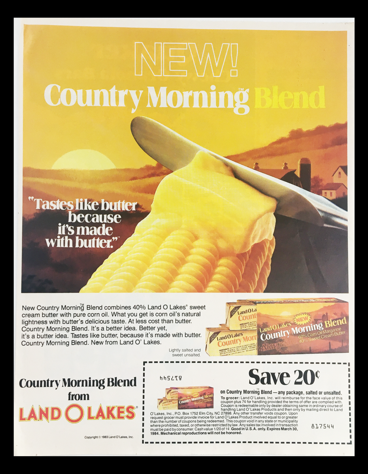 1984 Land O' Lakes Sweet Cream Butter Circular Coupon Advertisement featuring Country Morning Blend butter product with a bright background, emphasizing the message 'Tastes like butter because it’s made with butter.'