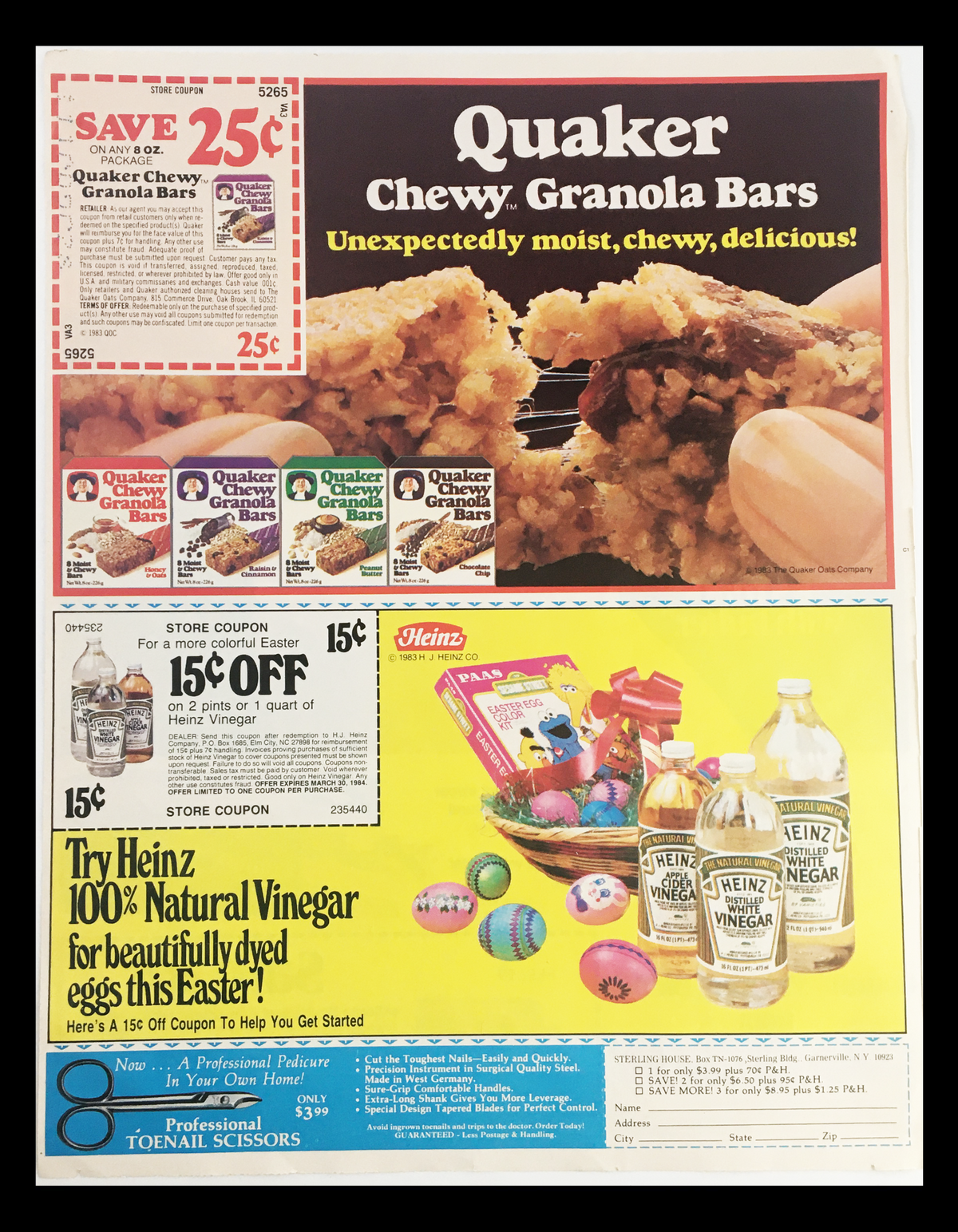 1984 Land O' Lakes Sweet Cream Butter Circular Coupon Advertisement showcasing Quaker Chewy Granola Bars and Heinz natural vinegar, highlighting products with coupon offers and vibrant visuals.