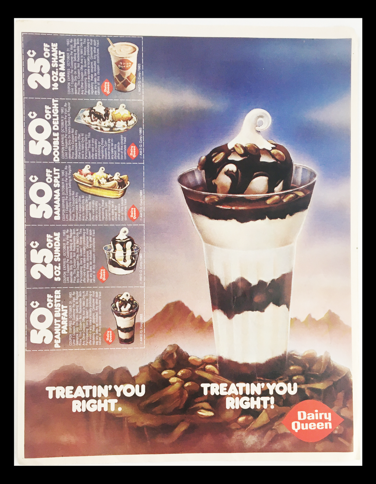 1982 Dairy Queen Ice Cream Circular Coupon Advertisement featuring a tall dessert cup with layers of ice cream, chocolate sauce, and whipped cream, alongside various ice cream treats with coupon details. Treatin' you right!