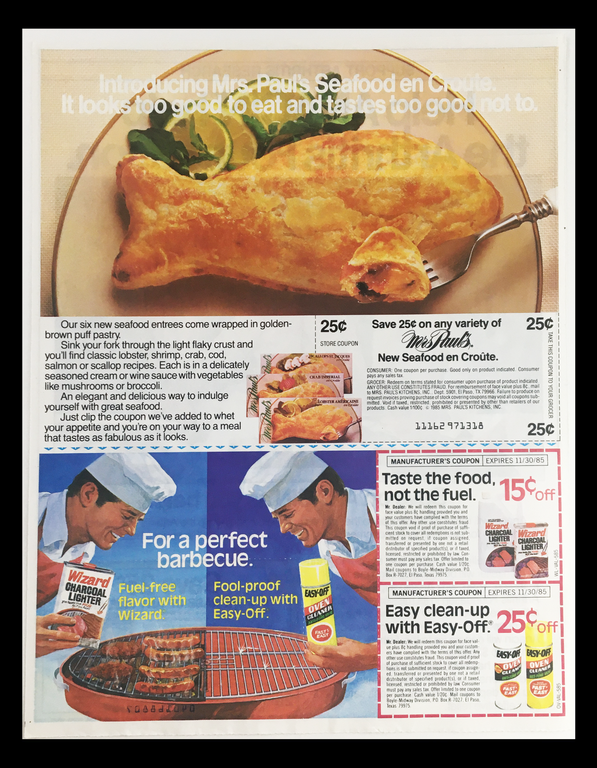 1986 Anacin The Arthritis Foundation Circular Coupon Advertisement showing a delicious seafood dish and a barbecue setup, emphasizing savings on various food items along with a promotion for Anacin.