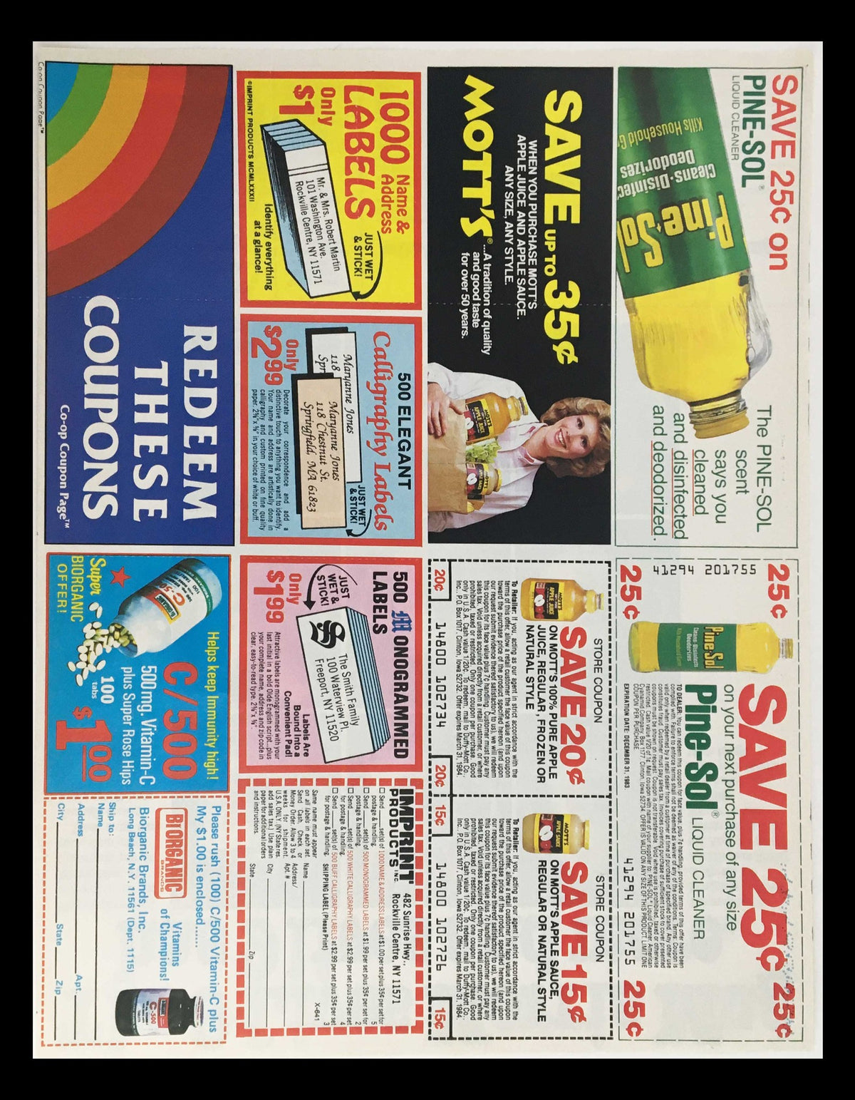 1983 9-Lives Cat Food Free Morris Mug Circular Coupon Advertisement displaying a collection of coupons for different products, including savings on Motts and Pine-Sol, emphasizing promotional offers.