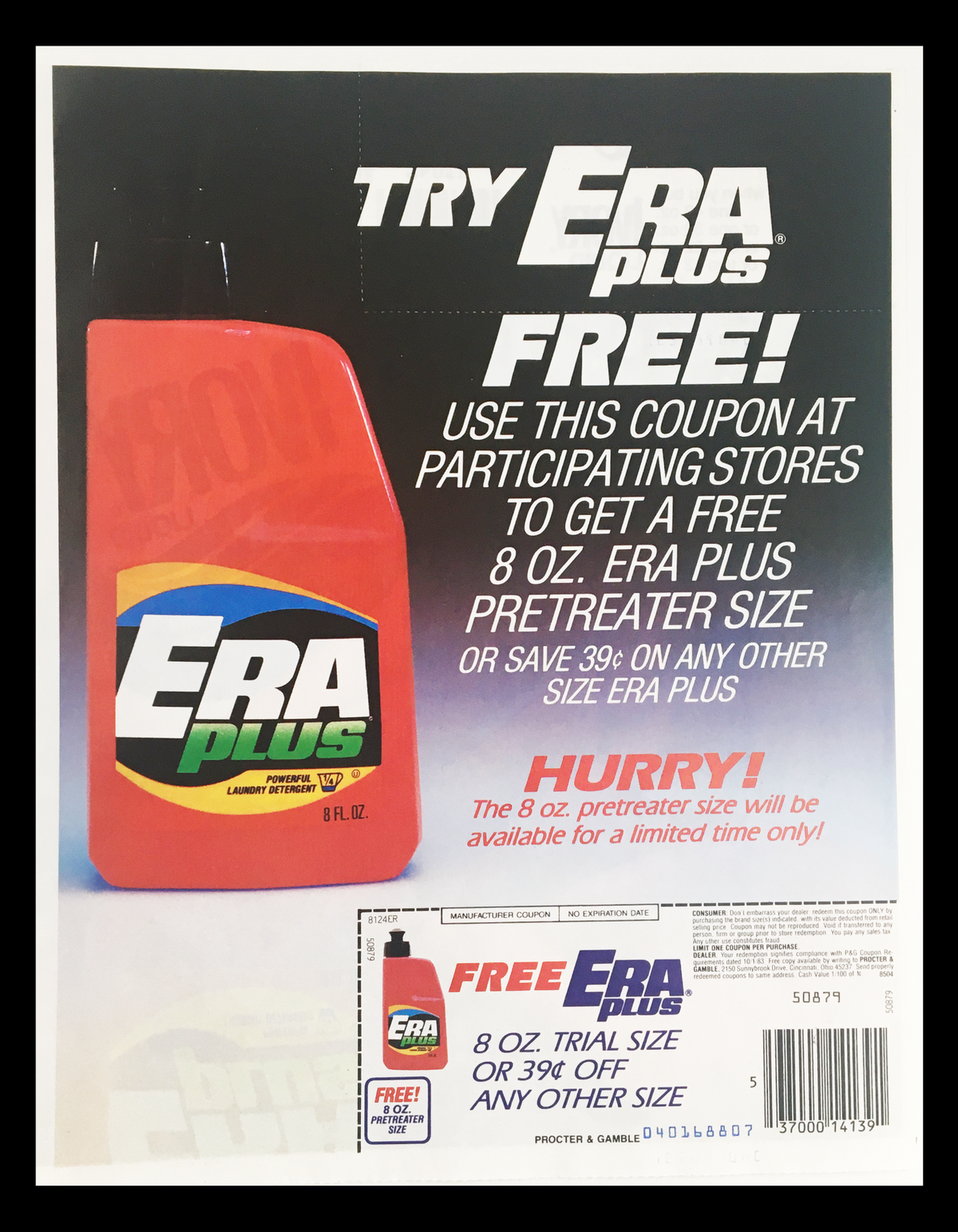 1983 Era Plus Laundry Detergent Circular Coupon Advertisement featuring a prominent bottle of Era Plus liquid detergent, promoting a free 8 oz trial size with a coupon offer.