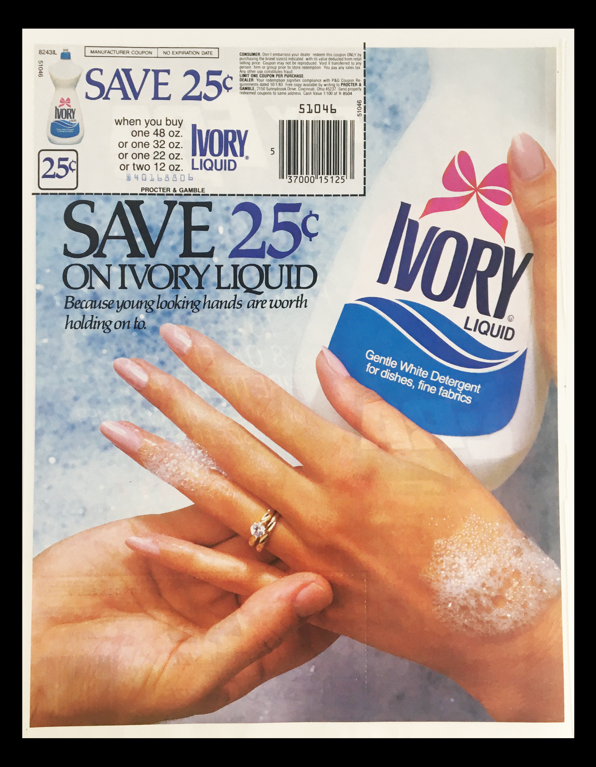 1983 Ivory Liquid Detergent Circular Coupon Advertisement showcasing a bottle of Ivory Liquid detergent with a 25 cent savings coupon, highlighting gentle care for hands and fabrics.