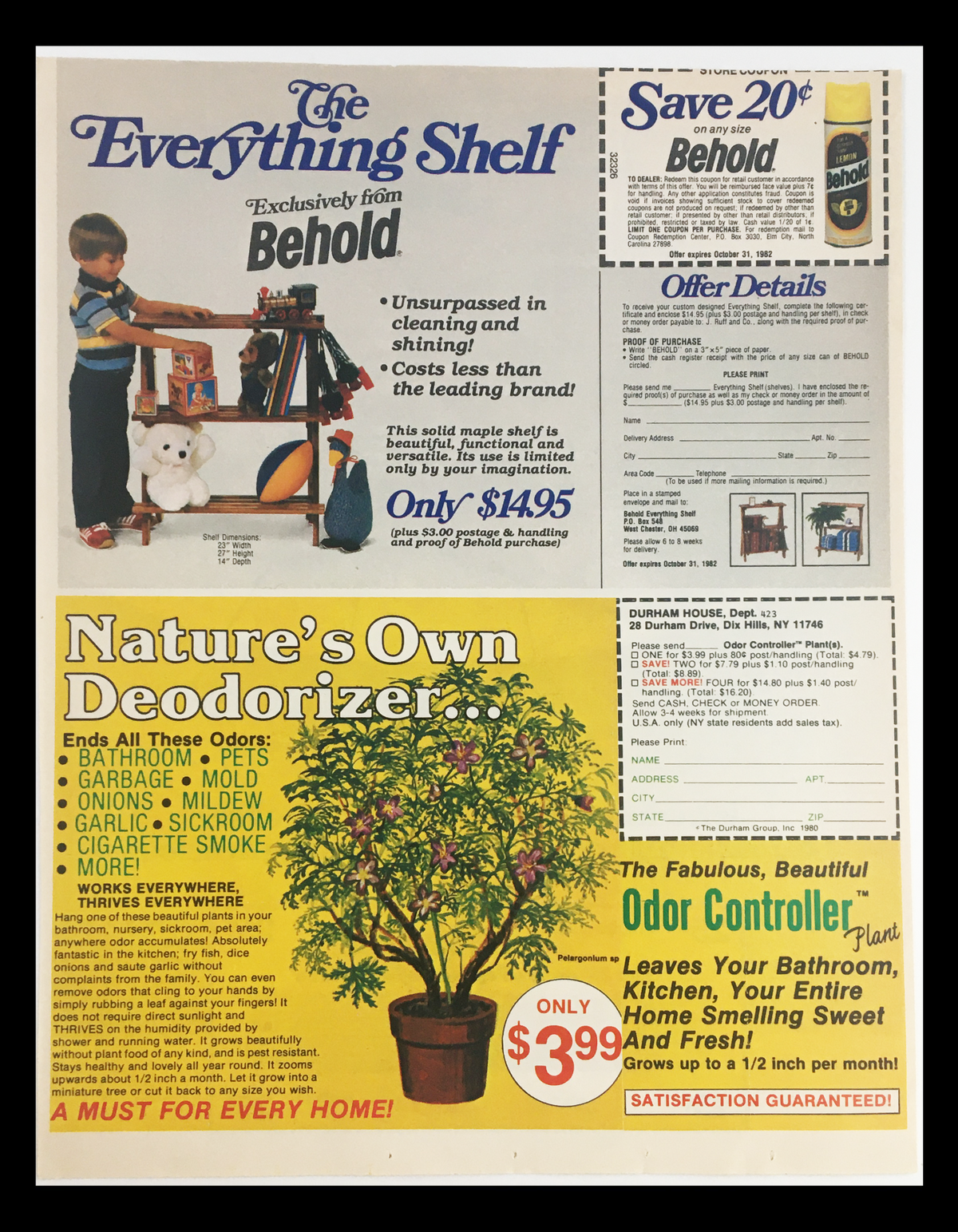 1983 advertisement titled 'The Everything Shelf' exclusively from Behold, featuring a product display for an odor controller and various household items.